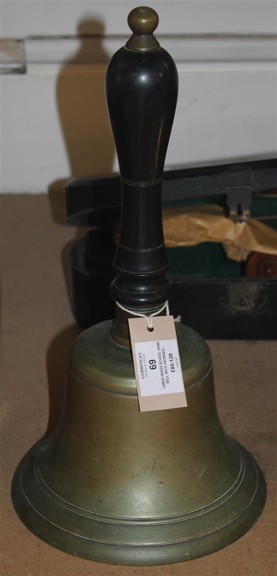 Large brass school hand bell with ebonised turned handle, 40cm